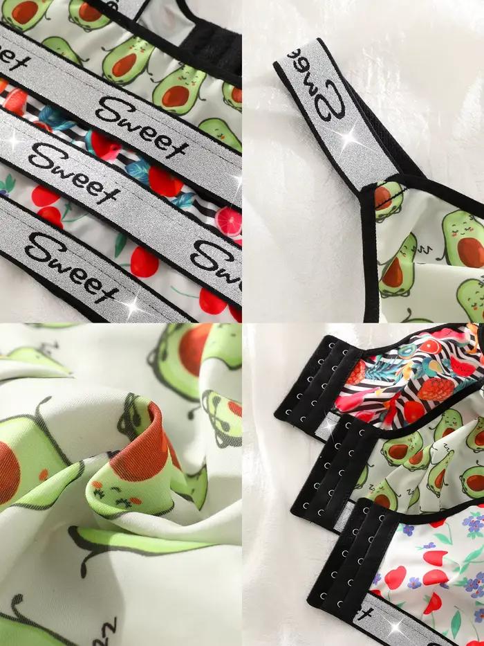Lot de 3 soutiens-gorge sans fil pour femmes, bralette confortable à fermeture avant avec imprimé fruits mélangés et bordure brillante