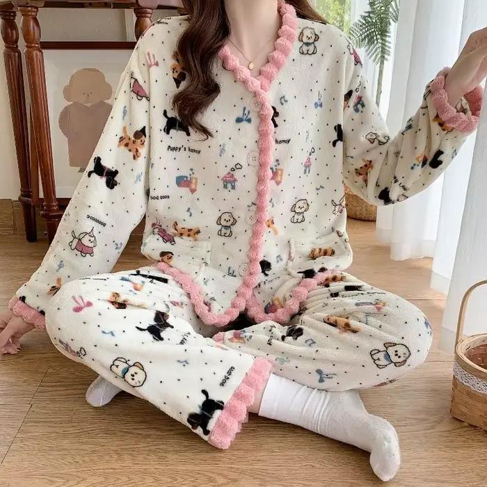 Pyjama en molleton de corail pour femme, imprimé, épais, en peluche, Cardigan, costume chaud et doux, vêtements de maison, manches longues, automne hiver