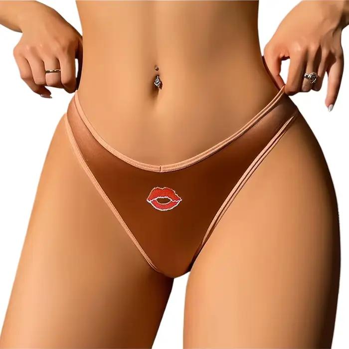 CINOON Culotte Femme Sexy en Satin Soie Glacée Imprimé Lèvres Taille Basse Coupe Haute Douce et Soyeuse Respirante Lingerie Intime Féminine