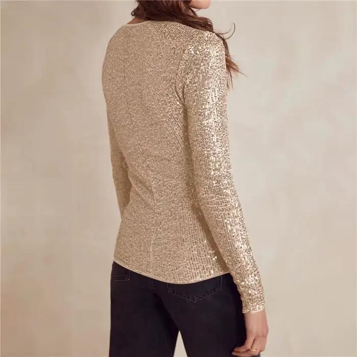 T-shirt court pour femme en polyester et coton, pailletté, avec manches longues, ajustement mince, col rond, idéal pour les soirées, sorties et occasions spéciales