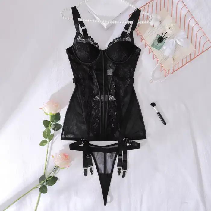 Ensembles de Lingerie romantique en dentelle noire, robe Corset tendue en maille transparente et string pour femmes, ensemble de 2 pièces, Costumes érotiques