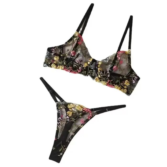 Ensemble de lingerie brodée florale pour femme, soutien-gorge transparent Boho, ensemble de sous-vêtements culottes, intimes, 2 pièces