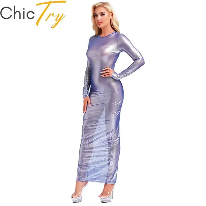 Robe de plage longue transparente pour femmes, Sexy, métallique brillant, manches longues, couleur unie, maille, Costumes de soirée, Clubwear