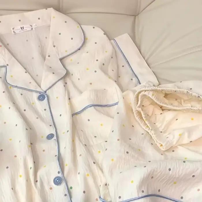 Pyjama imprimé à pois pour femmes, ensemble de pyjama en coton, haut et short, ensemble 2 pièces, tenue décontractée et confortable pour la maison, tenue douce