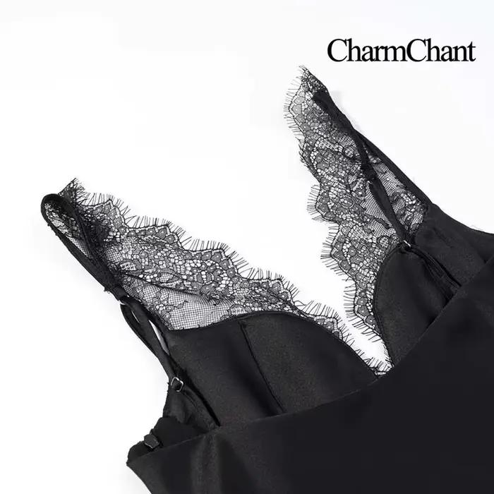 CharmChant noir Satin dentelle col en v Camisole haut pour femmes recadrée Y2k Harajuku mode élégante chemise sans manches Blouse femme