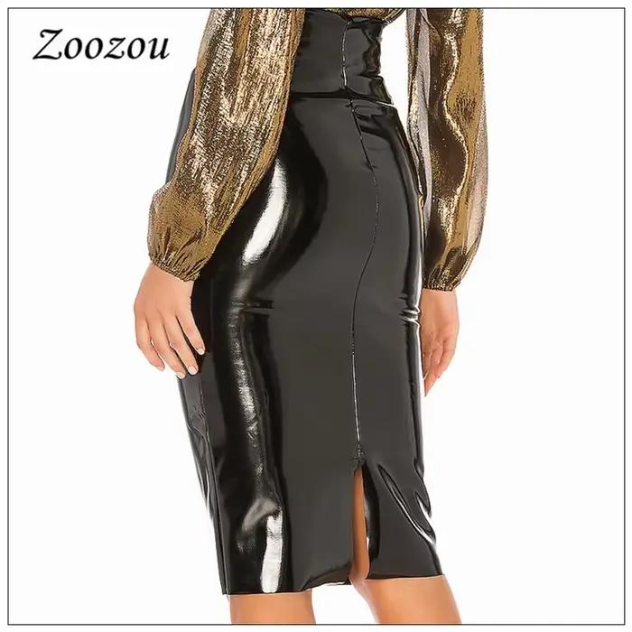 Dámska midi sukňa z latexu a lesklej PVC kože