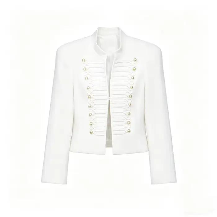 Veste courte en polyester avec détails dorés pour femmes, style décontracté et élégant pour les saisons printemps et automne, idéale pour sorties et occasions spéciales