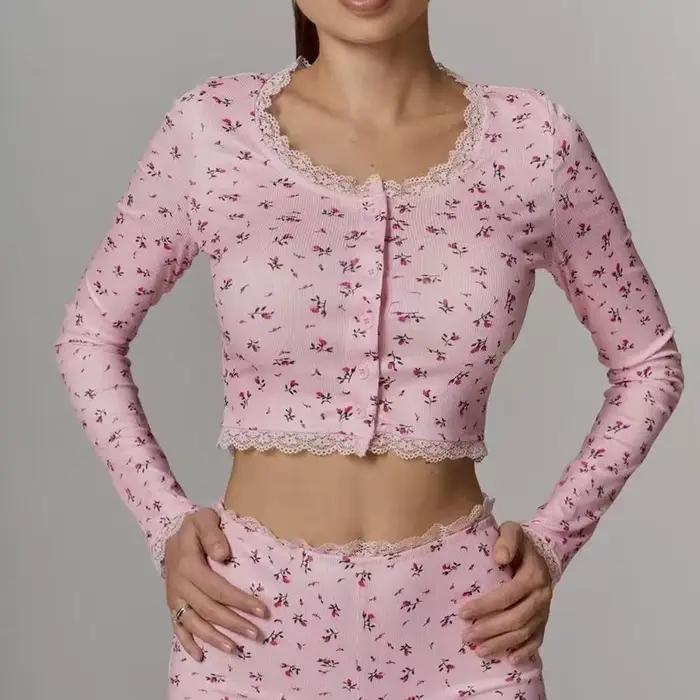 Ensemble pyjama sexy pour femmes, imprimé floral, doux et confortable, haut à manches longues et short, vêtements de détente, vêtements de nuit, ensemble deux pièces, vêtements de maison