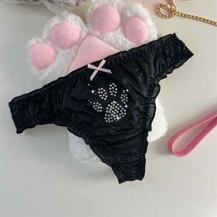 Culottes Lolita Patte de Chat Kawaii en Coton avec Strass, Strings Confortables Quotidiens, Slips Doux à Volants pour Fille