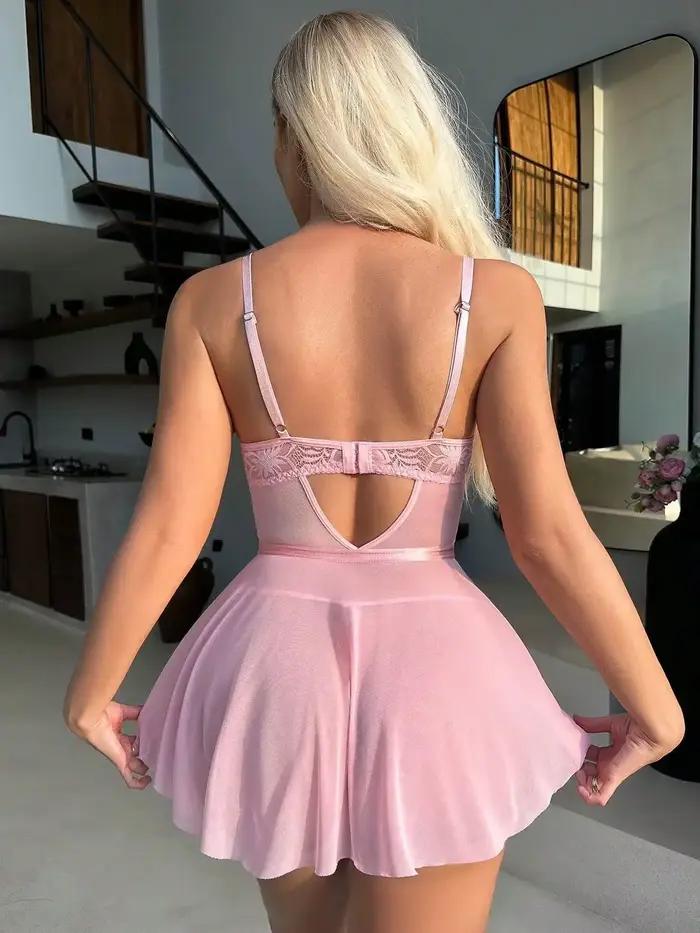 Chemise de nuit en maille de dentelle rose pour femmes, lingerie sexy, mini robe brodée à col en V, vêtements porno 7.0