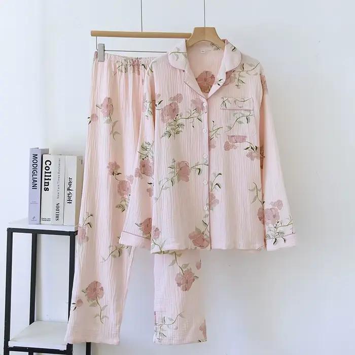Pyjama 100% Coton à Manches sulfpour Femme, Pantalon, Service à Domicile, Vêtements de Nuit, Automne et Hiver