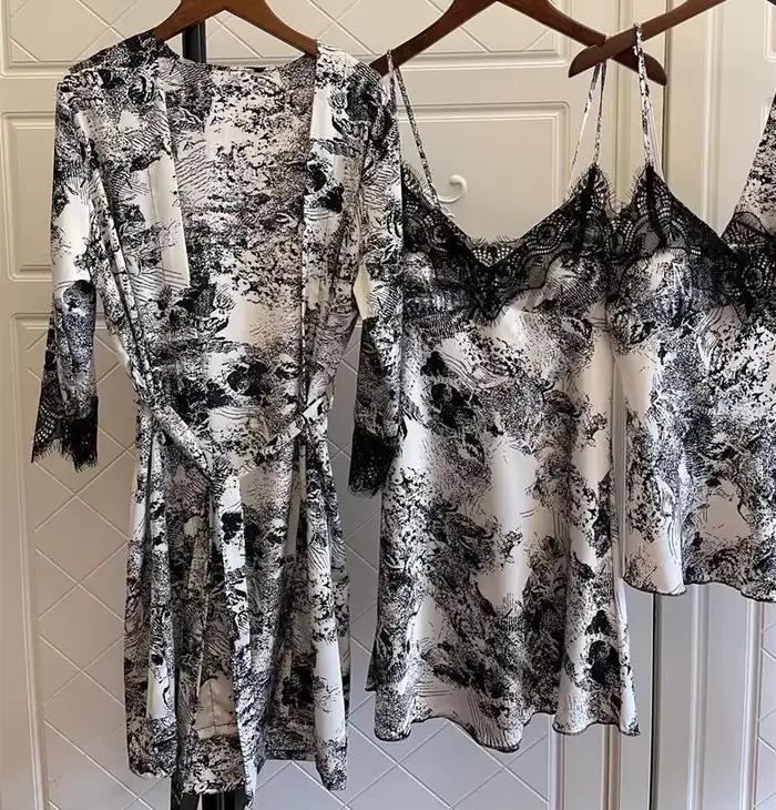 Pyjama en Satin Imprimé pour Femme, Robe Kimono à Col en V, Ensemble avec Coussinets Cheast, Vêtements de Nuit Sexy