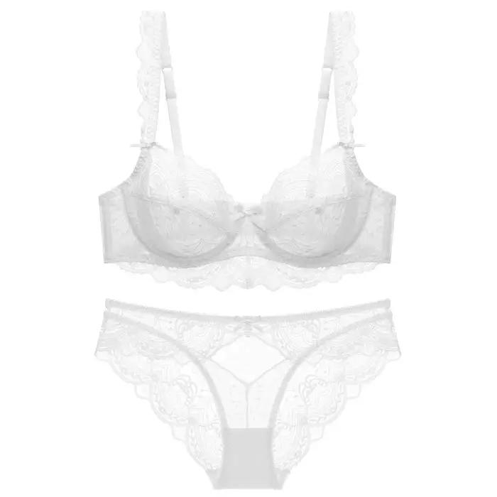 Ensemble de soutien-gorge en dentelle française pour femme, haut de soutien-gorge sans éponge, coton fin doux, tasse 3/4, soutien-gorge et slip transparents pour occasions quotidiennes et spéciales