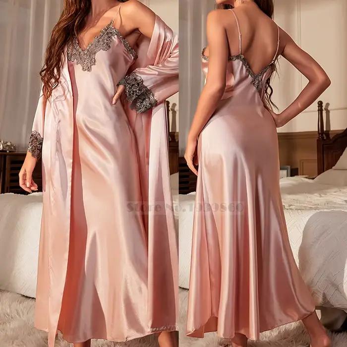 Dámsky dlhý Twinset nočný set jarné leto Kimono župan Šaty Sexy čipka lemovanie nočná košeľa Satén domáce oblečenie