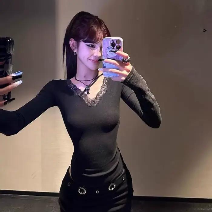 Seeslim čierne Sexy odhalený chrbát dámske tričko Goth s dlhými rukávmi štíhle 2000s oblečenie Y2k tričká pre ženy