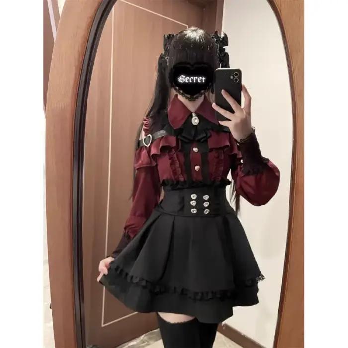 Ensemble haut de gamme en polyester plissé avec arc et dentelle pour style Lolita et sœur royale, idéal pour festivals et cérémonies