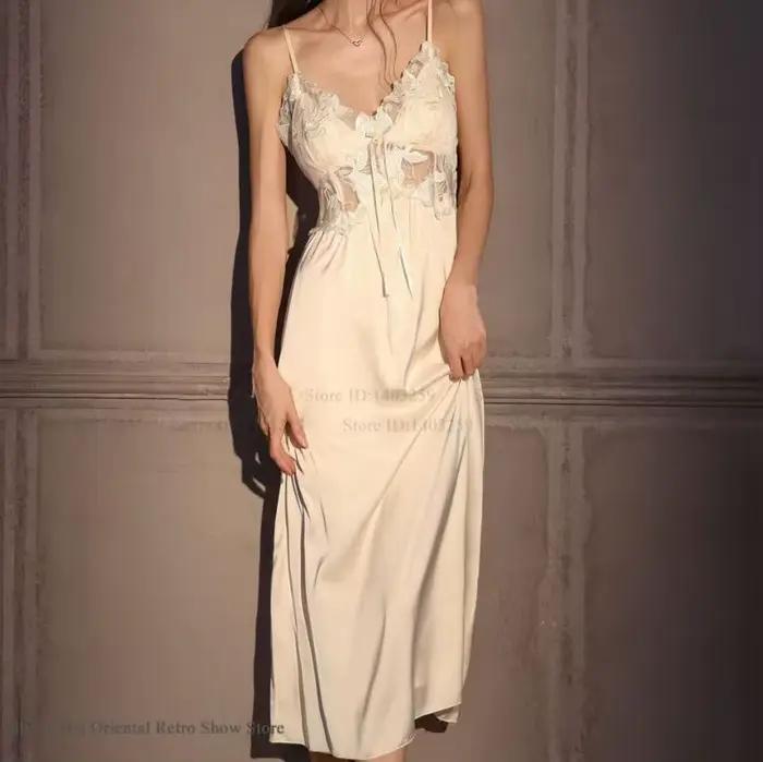 Élégant femme longue Robe ensemble chemise de nuit soyeux glace soie vêtements de nuit Homewear SEXY évider dentelle chemise de nuit Lingerie vêtements de détente