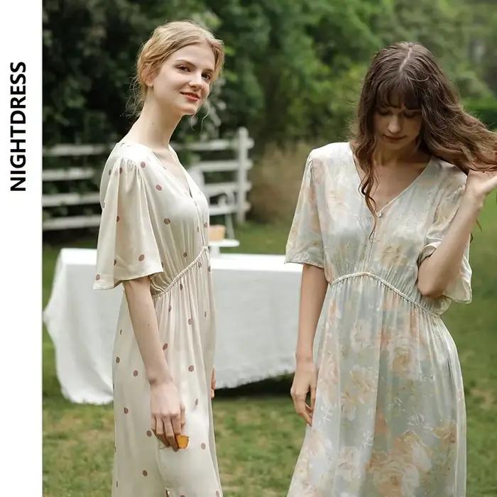Robe de nuit longue en viscose pour femme, vêtements de nuit d'été dégradés, chemise de nuit à col en V avec point marron imprimé, robe de nuit à manches courtes