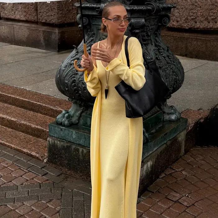 Tuularose dámske dlhé šaty 2-dielne jednofarebné pletené so špagetovými ramienkami a dlhými rukávmi Cardigan set ležérny
