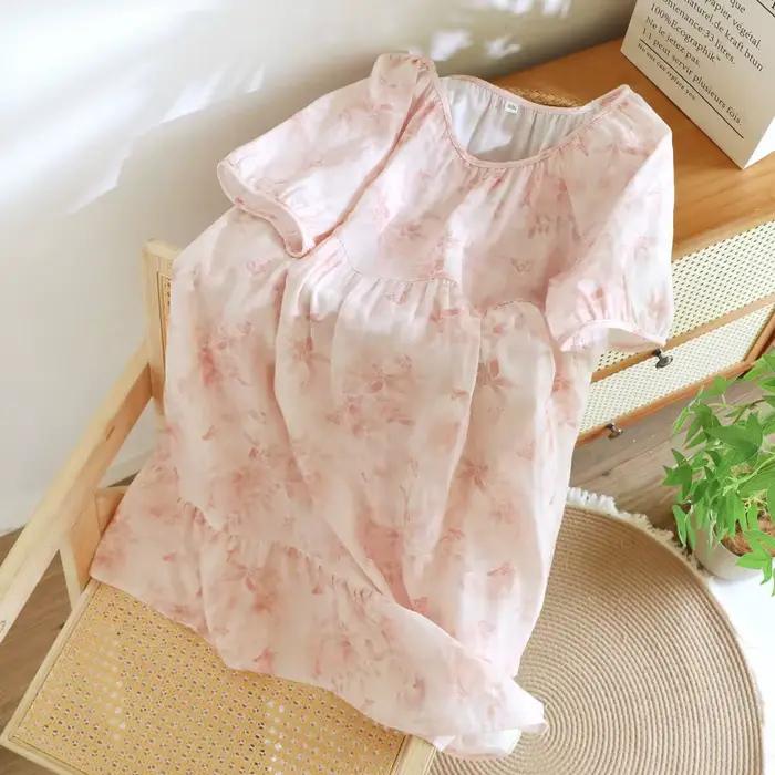 Chemise de nuit à imprimé floral pour femme, robe de nuit en gaze de coton 1 pièce, manches courtes et respirante, légère et polyvalente pour l'été à la maison