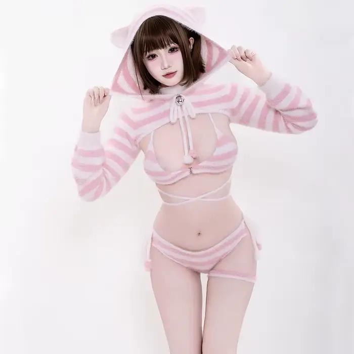 Roztomilé mačacie dievča Lolita ružovo-biele pruhované medvedie kapucňové kožušinové tričko Cosplay kostým Sexy