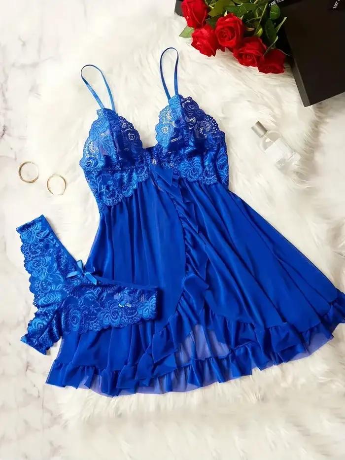 Femmes Chemise de nuit Sexy dentelle Chemise nœud Chemise de nuit vêtements de nuit solide mince robes douces col en V complet Slip vêtements de nuit et robes