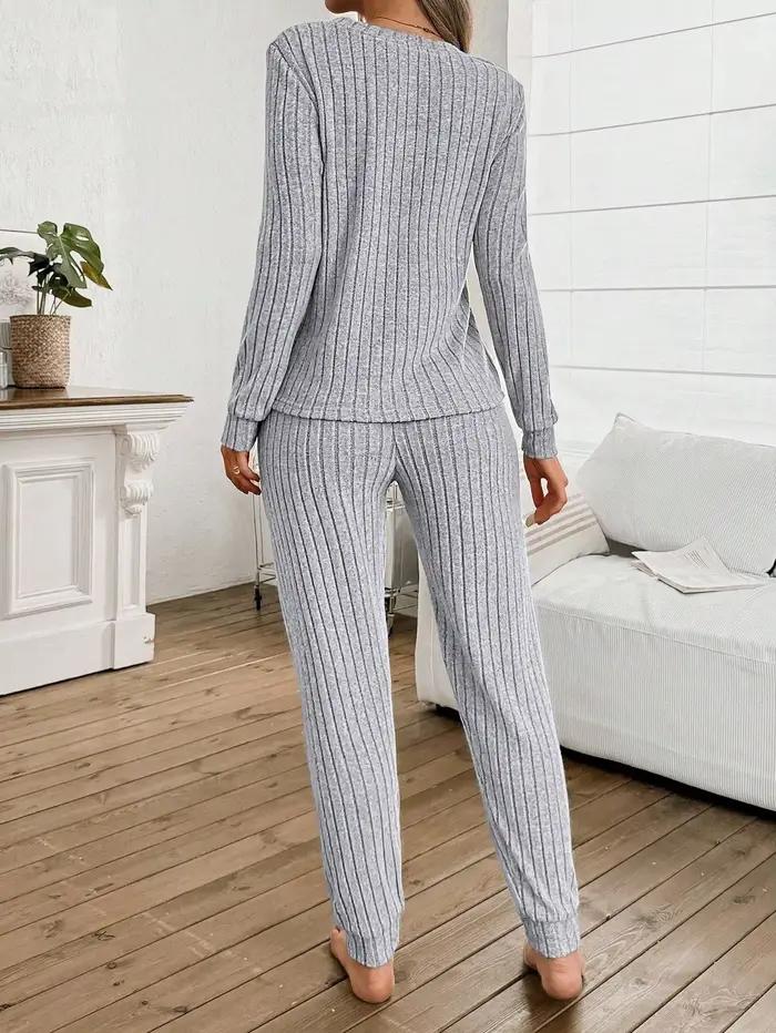 Ensemble pyjama côtelé 2 pièces pour femme - Haut à manches longues et col en V et pantalon de jogging, vêtements de nuit doux et confortables