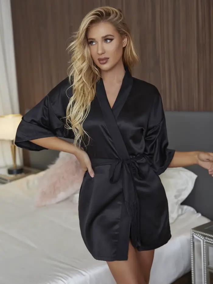 Robe de chambre élégante en satin noir pour femme, col en V, manches mi-longues, avec ceinture à pompons, pyjama, peignoir, vêtements de nuit, kimono