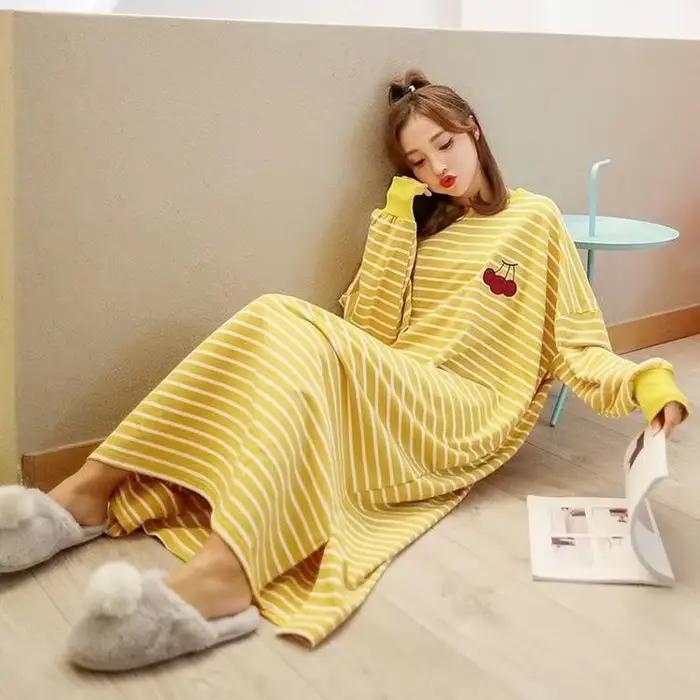 Chemise de nuit femme M-5XL automne manches longues rinçage longueur rayé Preppy mn adolescents Kawaii loisirs vêtements de nuit maison confortable mode