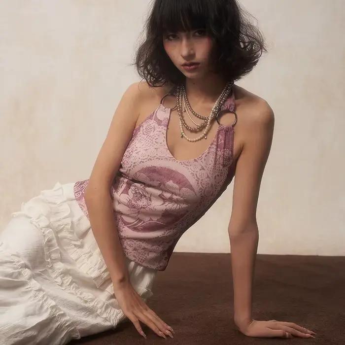 Karrcat-Retro kvetinová tlač 2000s camisole