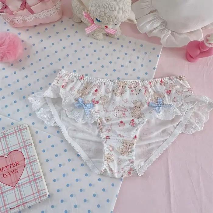 Culotte à volants en dentelle avec nœud papillon pour femme, joli sous-vêtement imprimé ours de dessin animé, Lolita Dot, taille basse, slip pour filles, lingeries douces