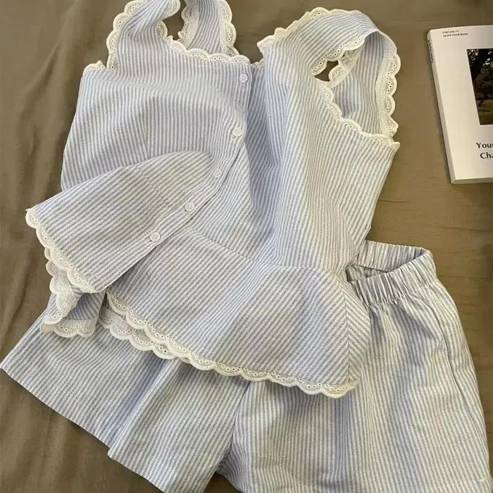 Pyjama rayé pour femmes, vêtements de nuit pour enfants, ensemble 2 pièces en dentelle, vêtements de nuit, débardeur coréen, costume de maison, nouvelle collection 2025