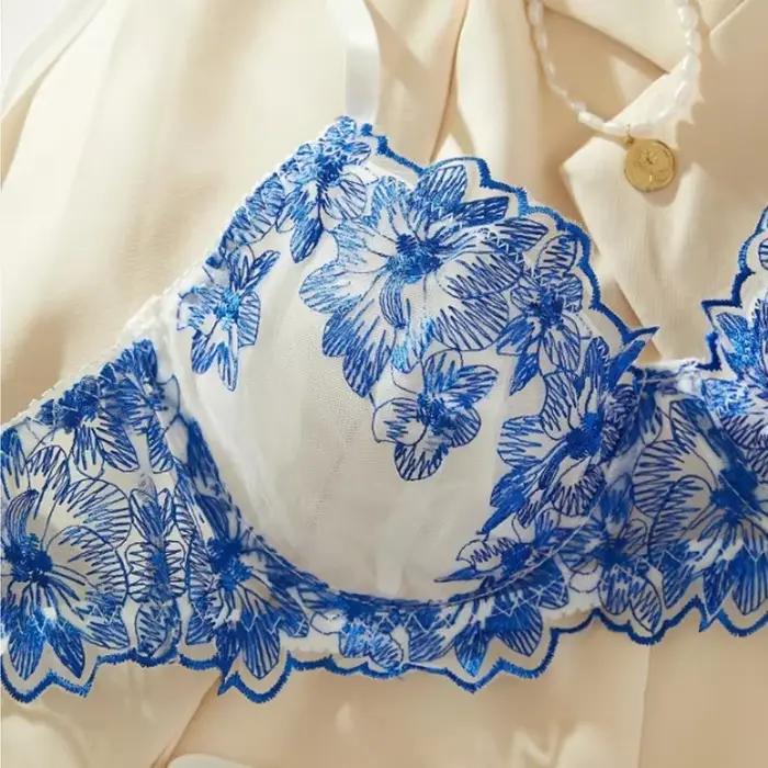 Toucheart-Ensemble de lingerie sexy pour femme, bleu, confortable, simple, dentelle