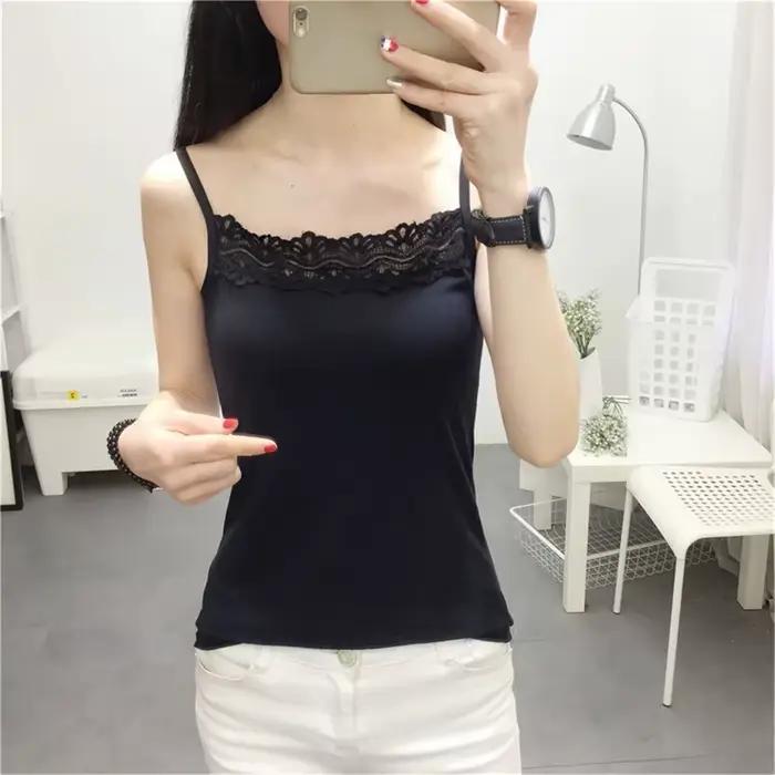 Camisole à bretelles spaghetti pour femmes, dentelle précieuse, caraco d'été, haut court, écharpe de base solide, t-shirt en fibre, mode