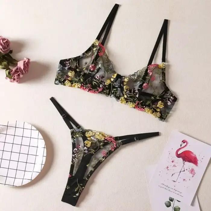 Ensemble de lingerie brodée en polyester avec soutien-gorge sans doublure pour femmes, idéal pour les occasions quotidiennes et les cadeaux romantiques