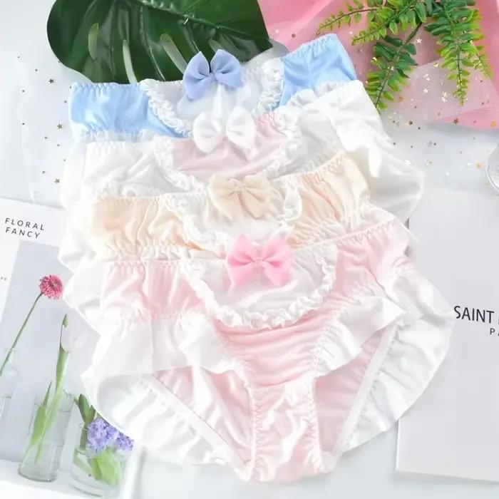Veľká veľkosť dámske hodvábne mlieko roztomilé krásne jemné princeznovský štýl Lolita mašlička volániky nohavičky elastické cukríkové farby spodná bielizeň