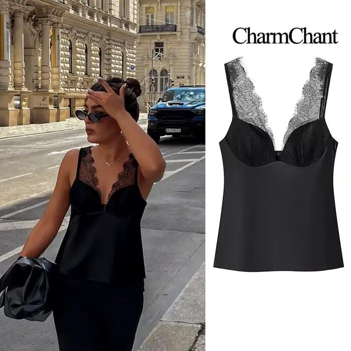 CharmChant noir Satin dentelle col en v Camisole haut pour femmes recadrée Y2k Harajuku mode élégante chemise sans manches Blouse femme