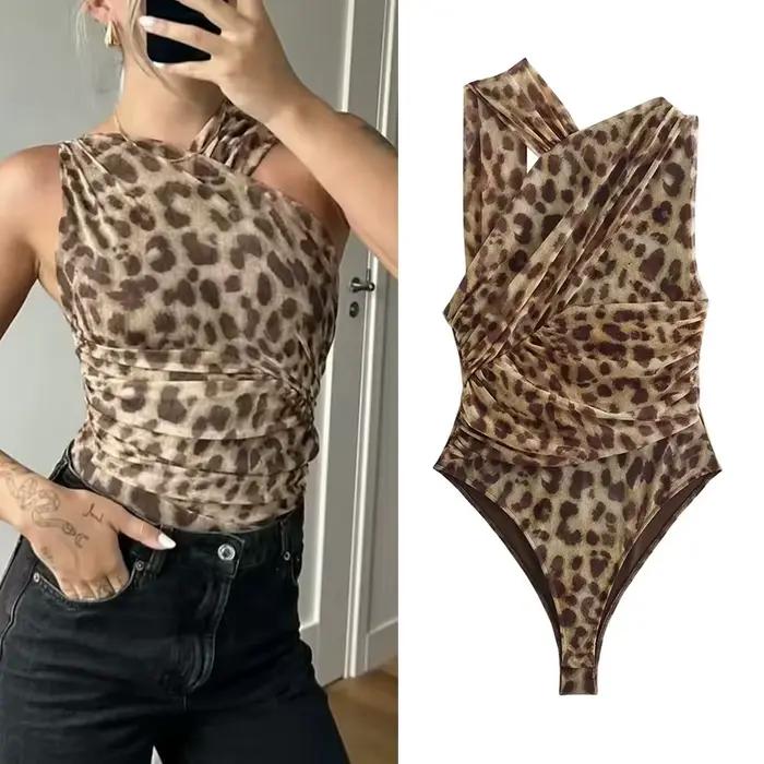 MUJER 2025 femme corps imprimé léopard maille sans manches Body femmes été Tulle épaules nues serré Body Lingerie Sexy corps