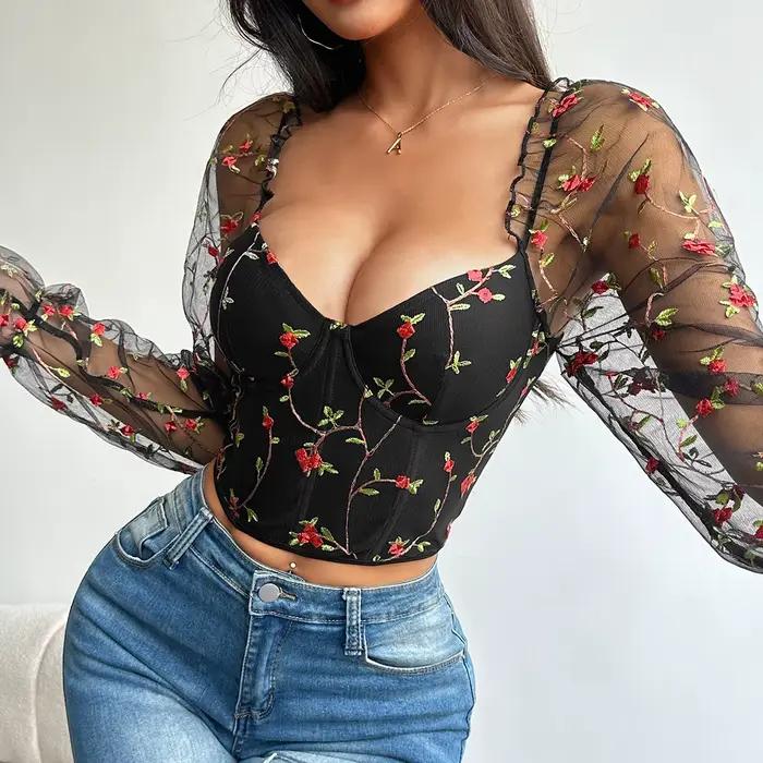 Corset sexy pour femme à manches longues, broderie florale en maille, bustier amincissant à baleines, coupe ajustée, polyvalent et tendance