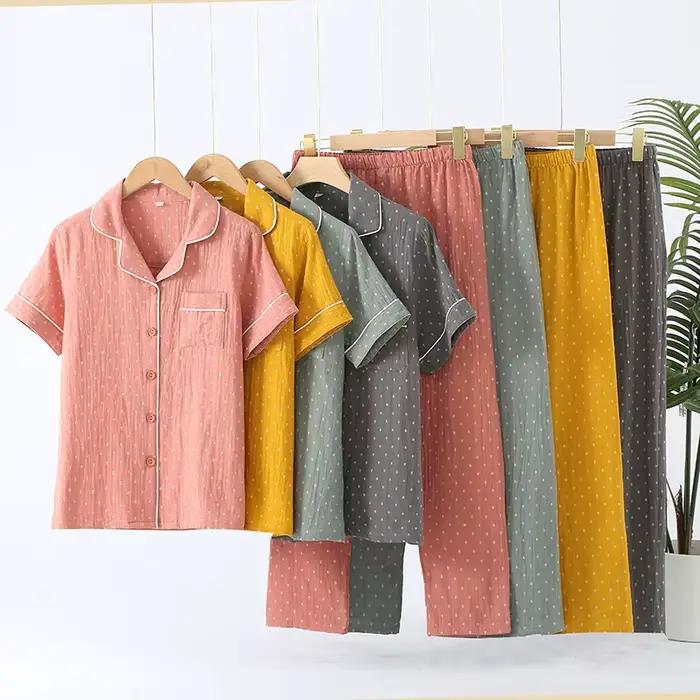 Ensemble pyjama en gaze 100% coton doux pour femmes, vêtements de nuit d'été respirants à pois, 2 pièces, vêtements de maison confortables