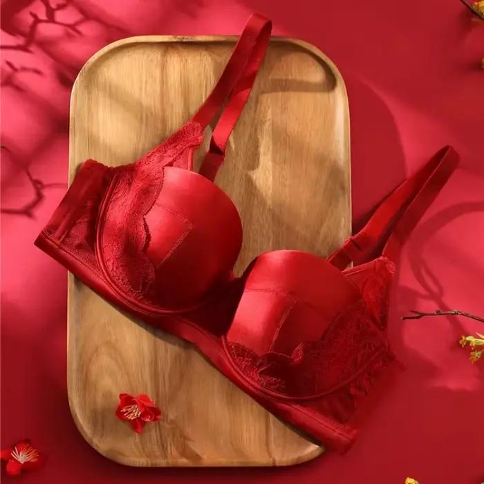 Elegantná červená Beauwear veľká veľkosť podprsenka pre ženy 3/4 košíček hlboký výstrih sexy čipkovaná