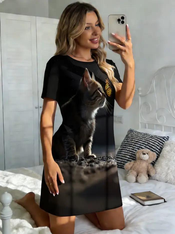 Chemise de nuit pour femmes, col rond, manches courtes, printemps-été, imprimé chat et papillon rêveux
