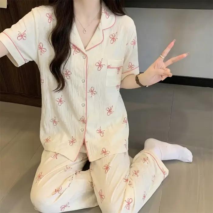 Pyjama doux à nœuds de style français pour femme : ensemble d'été à manches courtes et pantalon long avec imprimé nuage, vêtements de détente en coton doux et confortable
