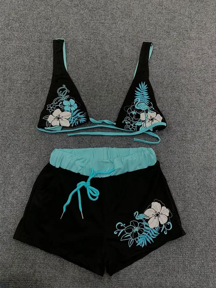 Letný plážový Ins módny horúci Sexy dámsky dvojdielny Bikini krásny Vintage kontrastný kvetinový potlač podprsenka s ramienkami