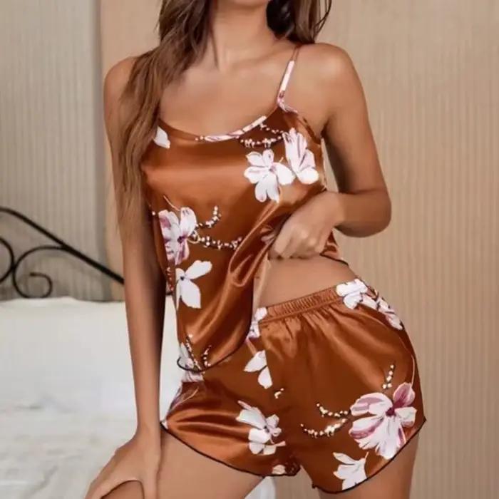 Vêtements de nuit pour femmes, ensemble pyjama en Satin, imprimé floral, Lingerie Sexy, sans manches, vêtements de nuit, vêtements de maison, été