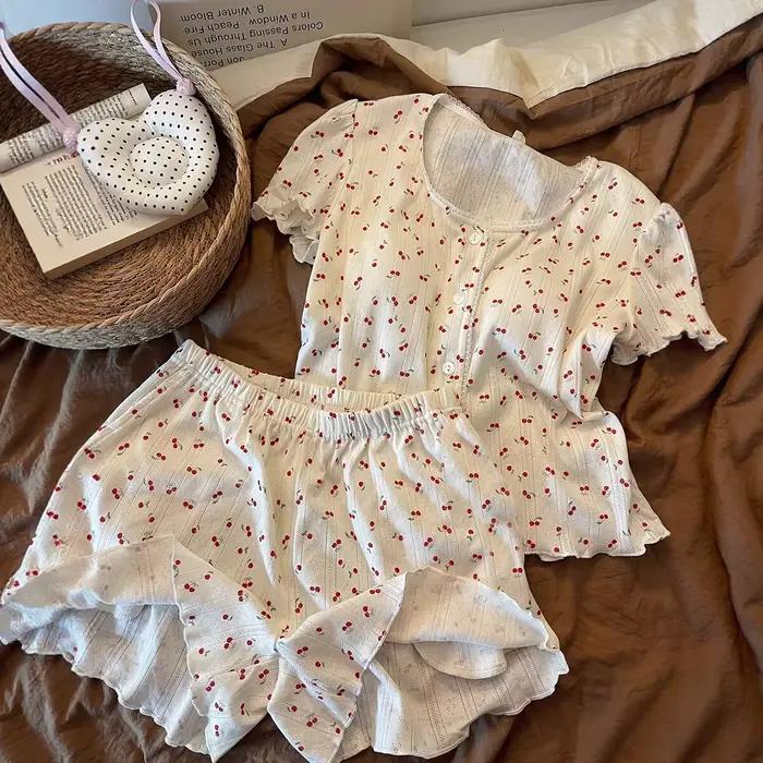Nouveaux pyjamas d'été pour femmes, pyjamas imprimés mignons pour filles, fins avec coussinets de poitrine, ensemble de vêtements de maison à manches courtes et shorts