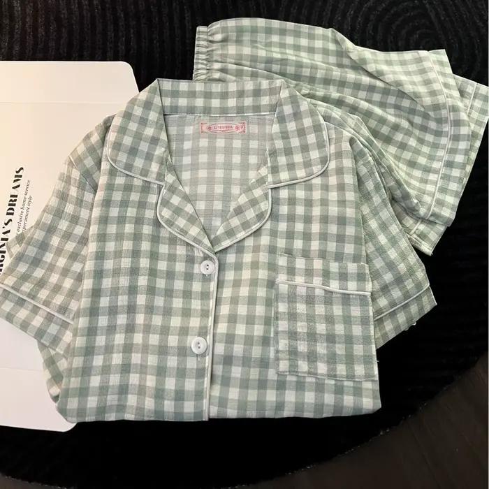 Pyjama minimaliste de style japonais pour femmes, ensemble d'été en coton bulle, mignon, ample, à manches courtes et shorts, tenue d'été décontractée