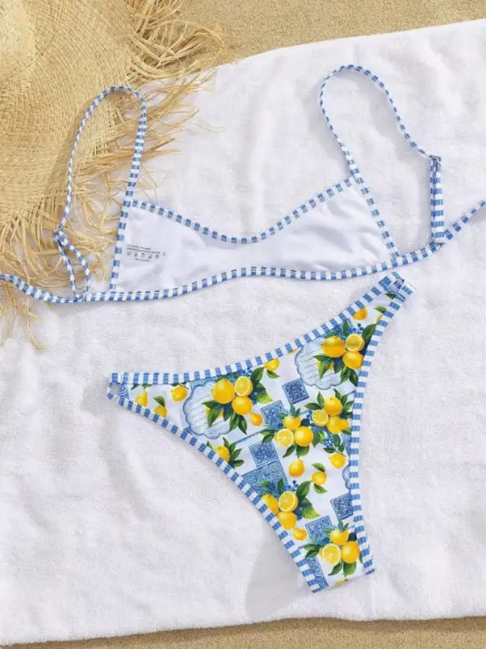 Sexy bleu ciel fruits imprimé Micro Bikini 2026 femmes brésilien plissé soutien-gorge Push Up creux string maillot de bain plage maillot de bain maillots de bain