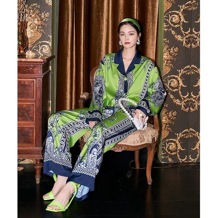 Pyjama de style bohème original pour femmes, ensemble de vêtements de nuit à manches longues, de haute qualité, pour le printemps et l'automne, couleur verte, 600