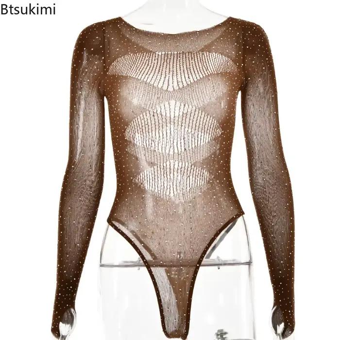Body en résille transparent pour femmes, tricot ajouré, manches longues, strass, maille, tenues de boîte de nuit Sexy, nouvelle collection